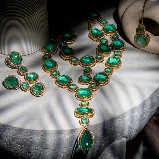 statement Indian necklace set featuring gold-plated green stone necklace, earrings, and mang tikka