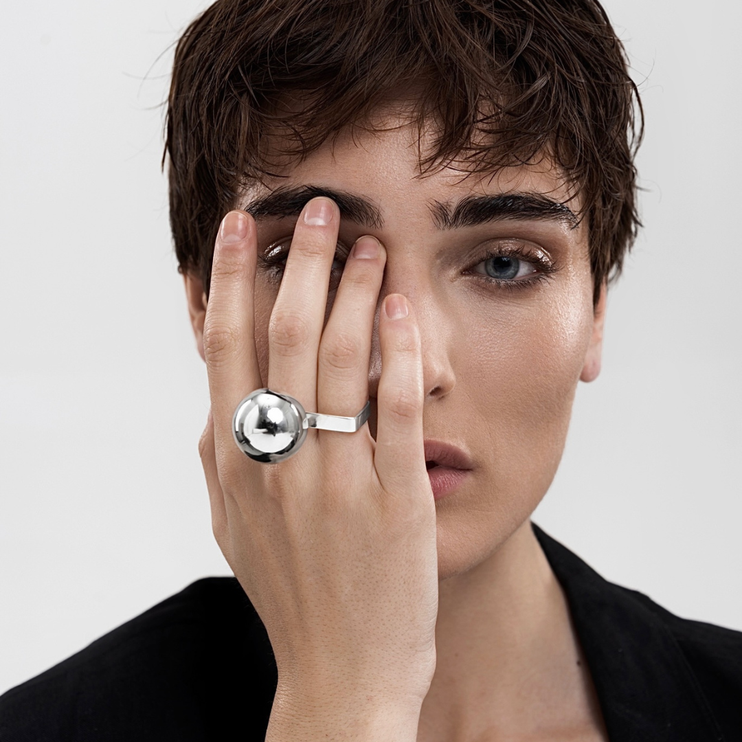 Big Ball Ring on the Two Finger in handmade 925 sterling silver with a chunky, sculptural orb design.