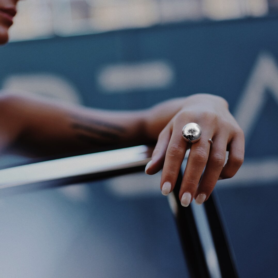 One Ball Ring in handmade 925 sterling silver featuring a bold, oversized sculptural orb.