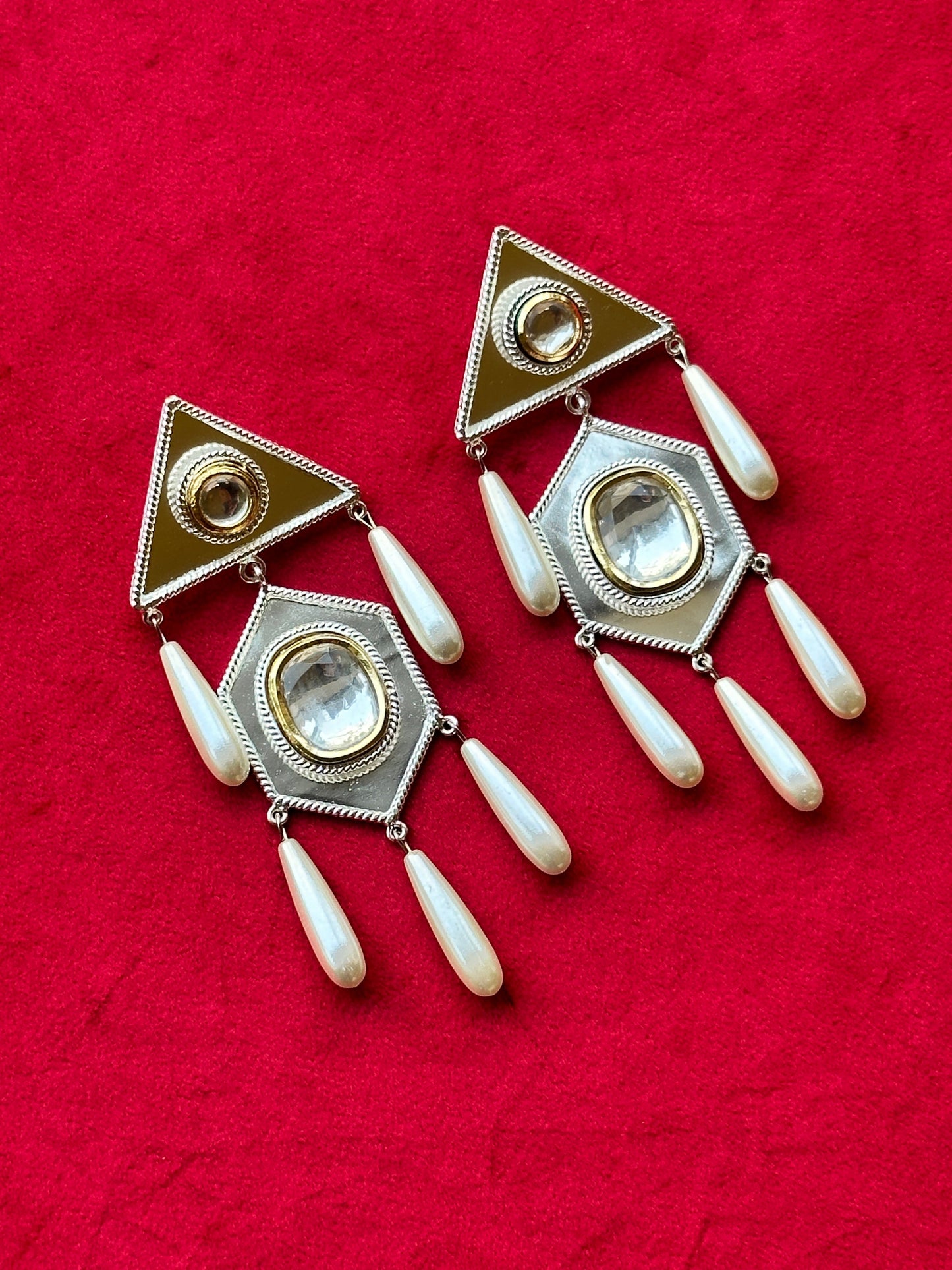 Polki Hexagon Drop Earrings Silver