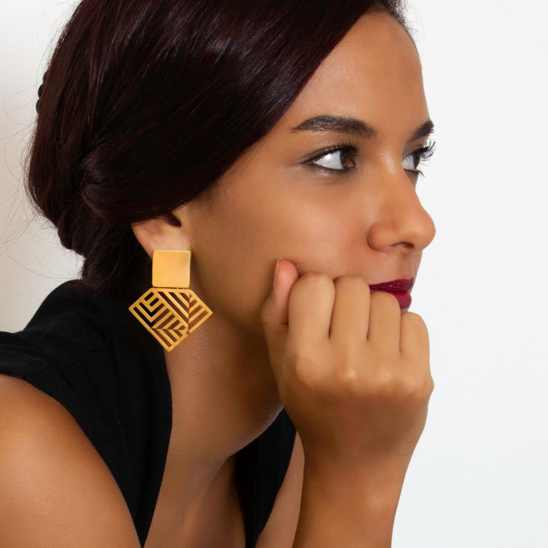 Large gold plated geometric earrings with layered square cutout pattern from the PATTERN collection
