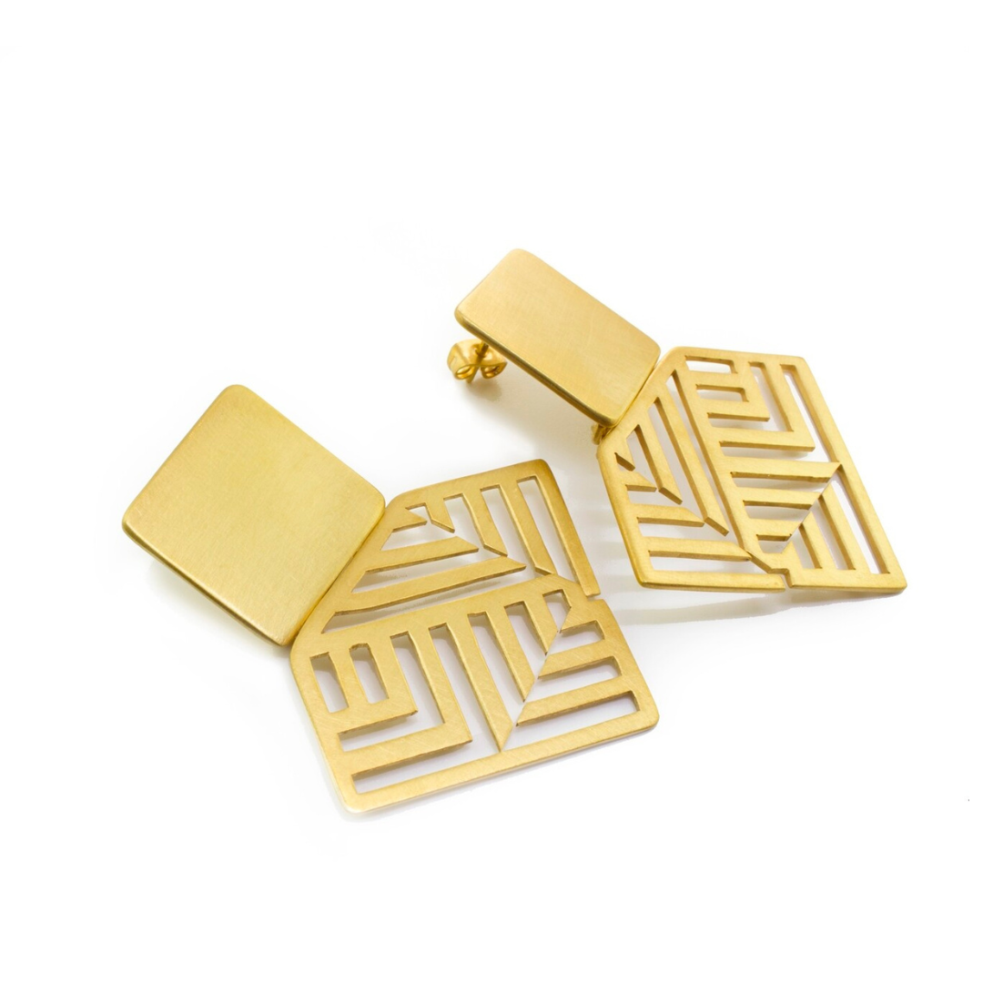 Large gold plated geometric earrings with layered square cutout pattern from the PATTERN collection