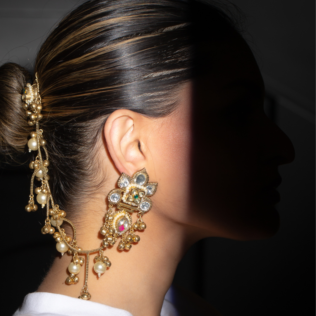 The Gehna Earrings with chaand motif and hair chain