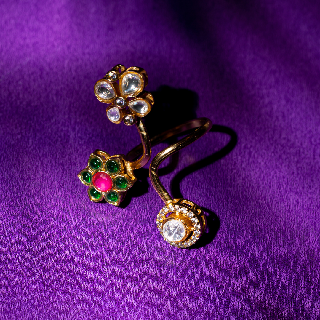 Crystal and enamel floral ring in gold plated brass