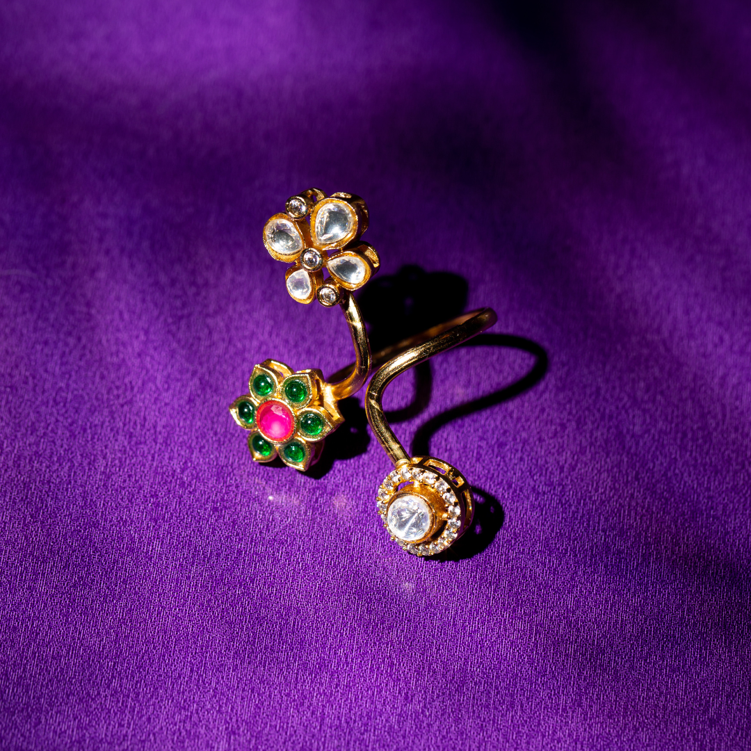 Crystal and enamel floral ring in gold plated brass