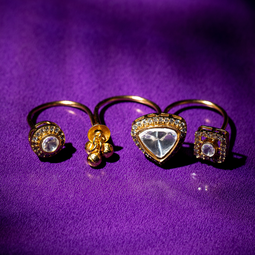 Trio crystal-studded gold plated brass ring
