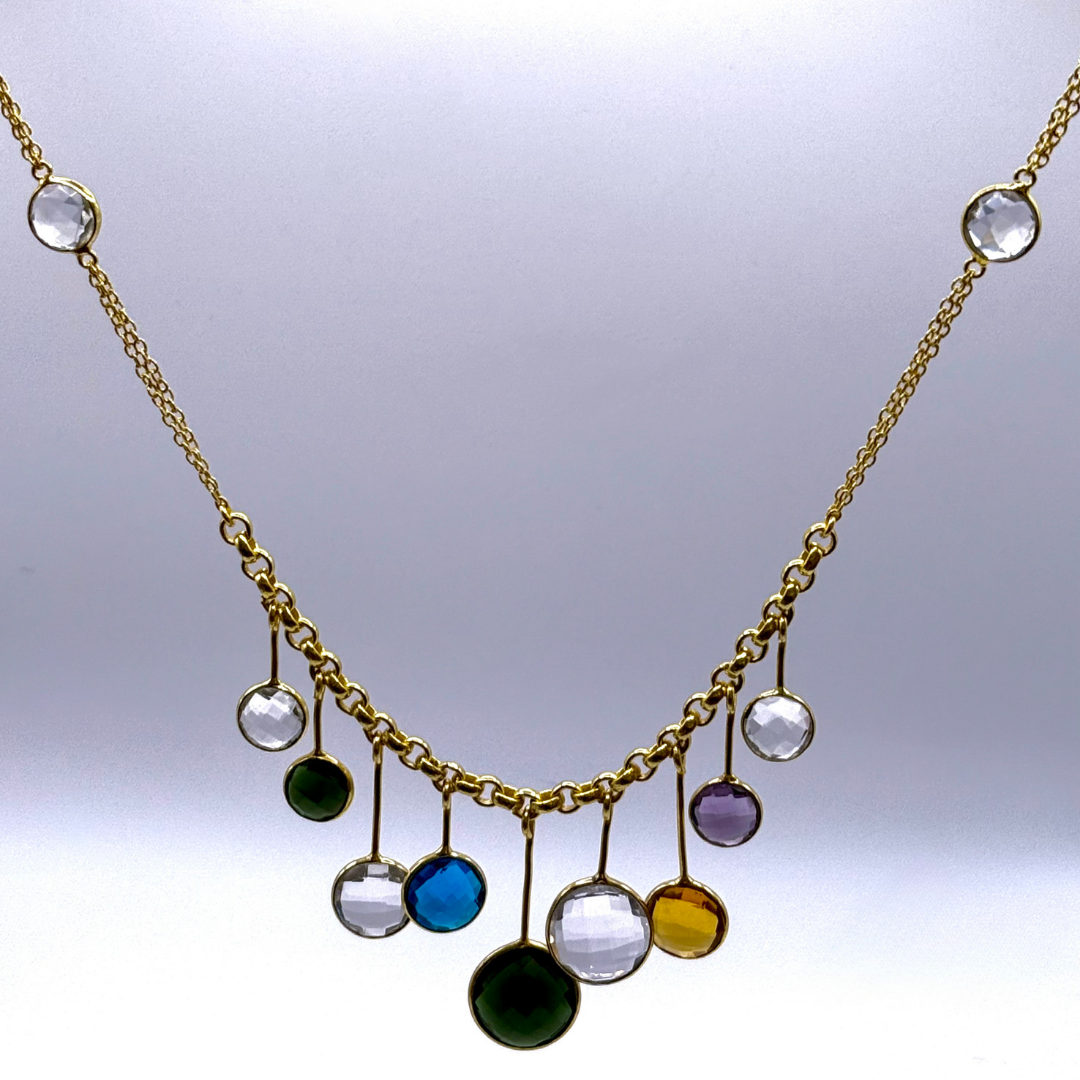 Tinted Necklace — gold-plated chain necklace with multicolor glass stone drops in a playful, modern mix.