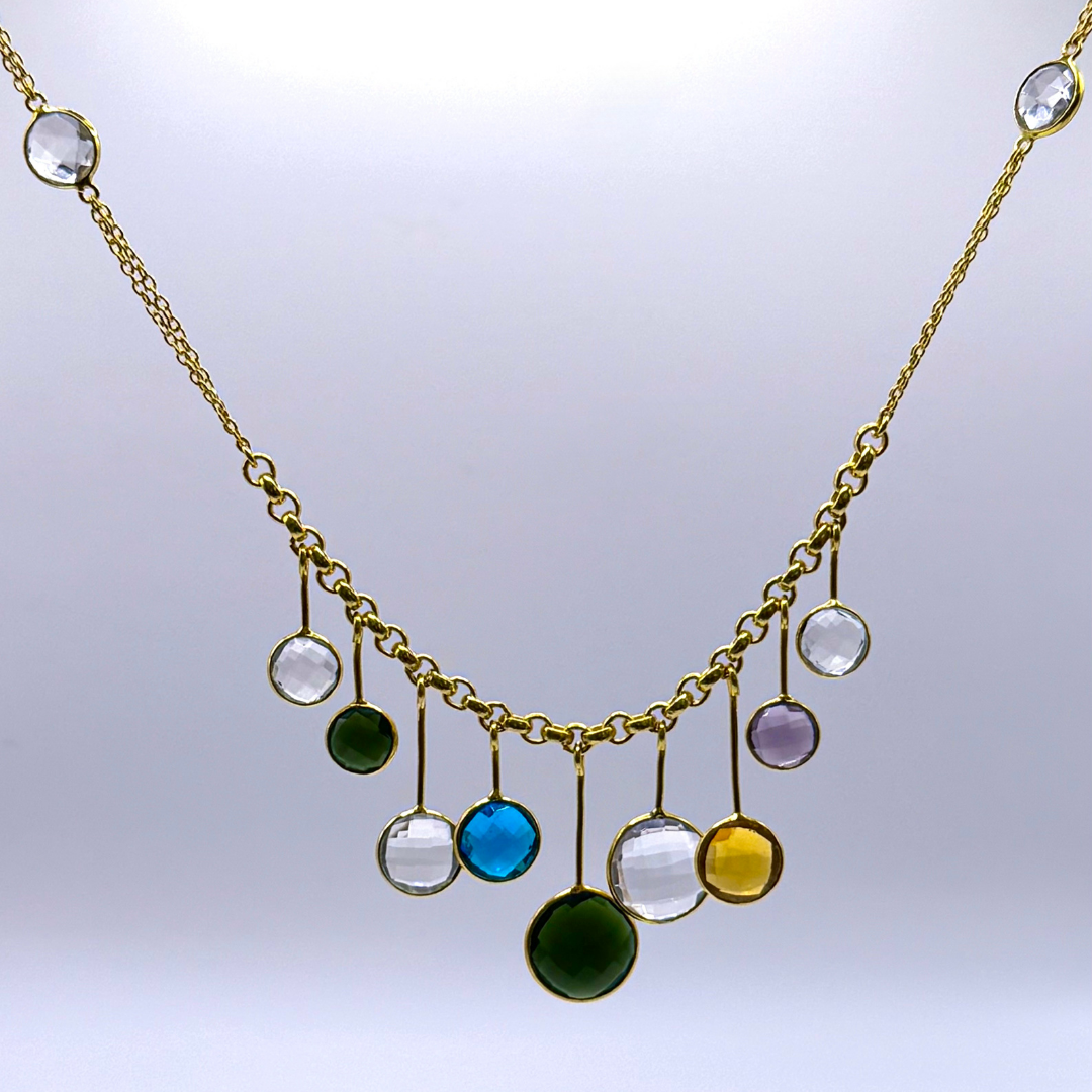 Tinted Necklace — gold-plated chain necklace with multicolor glass stone drops in a playful, modern mix.