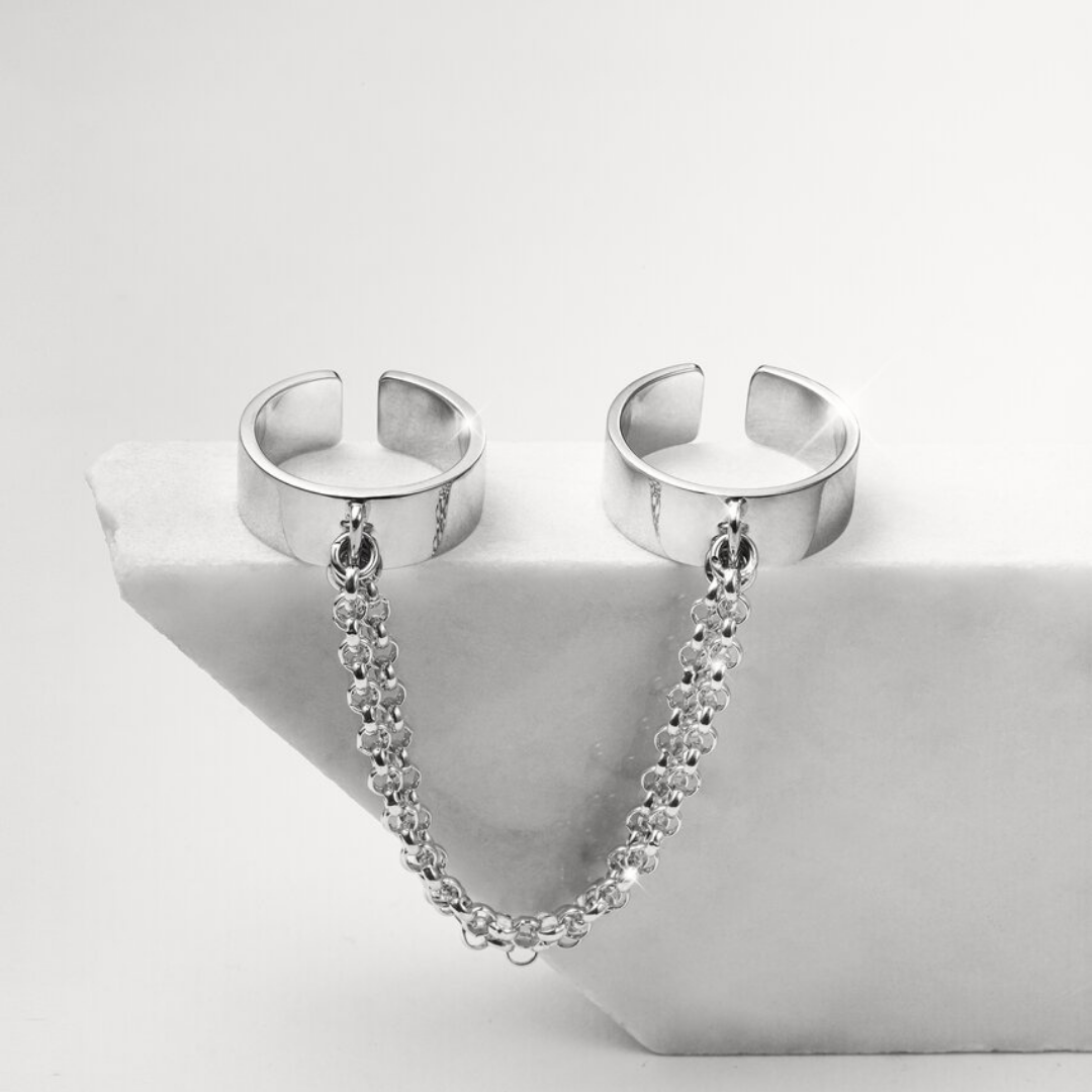 Double Ring with Chains in handmade 925 sterling silver featuring two rings linked with bold chains.