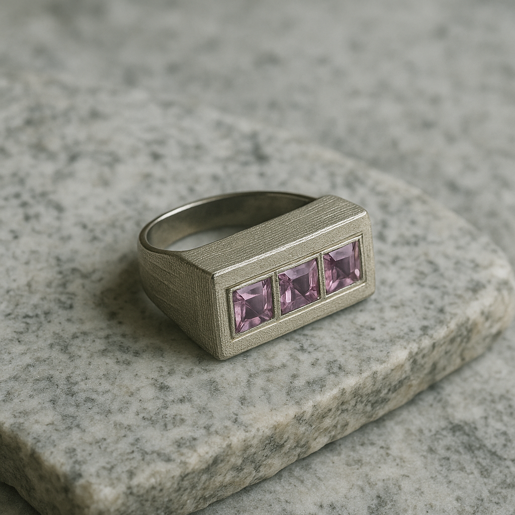 Silver plated ring with three square purple stones in a rectangular setting