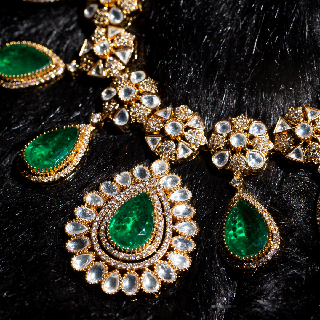 the bagh necklace set with matching earrings - green stone necklace set with crystals and matching earrings