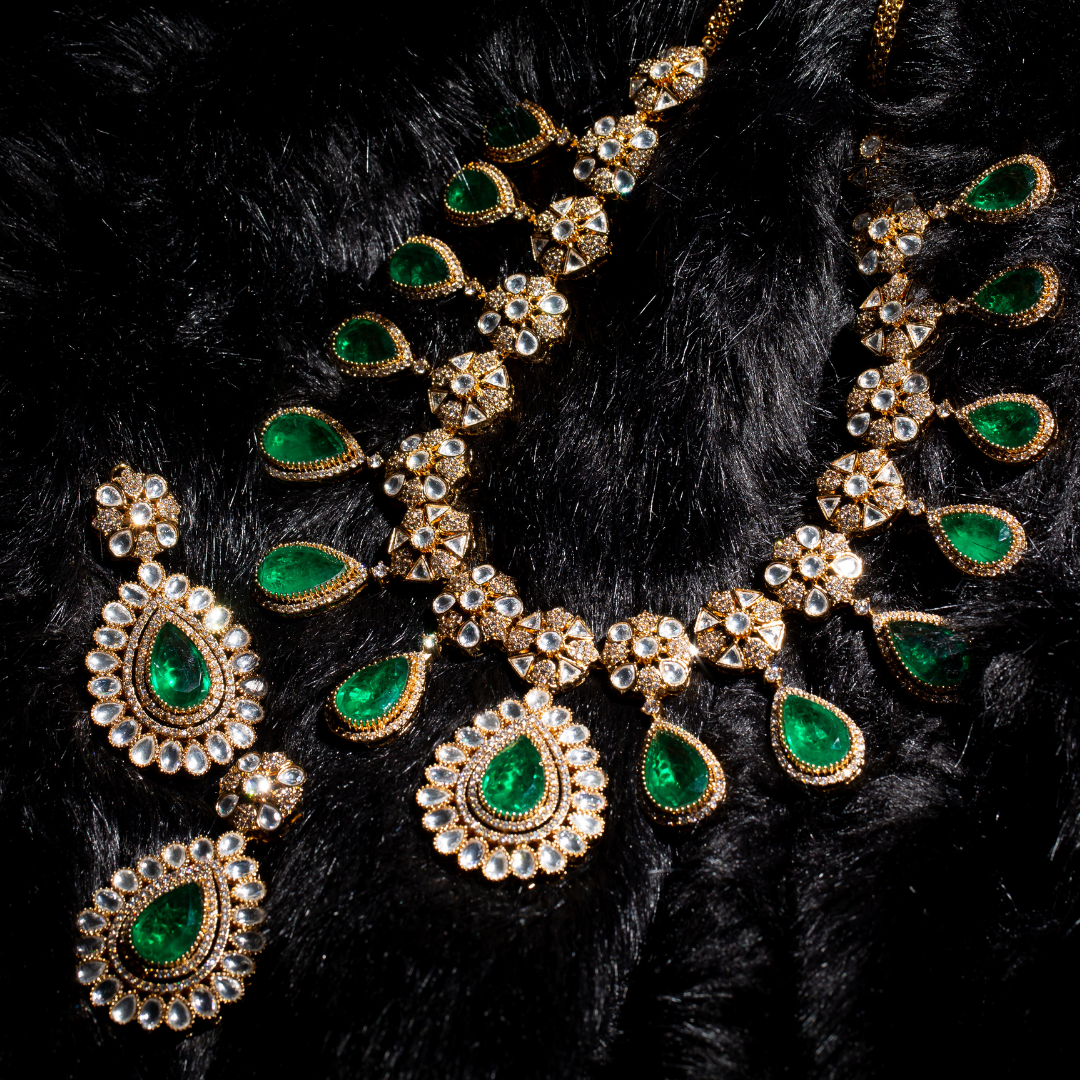 the bagh necklace set with matching earrings - green stone necklace set with crystals and matching earrings