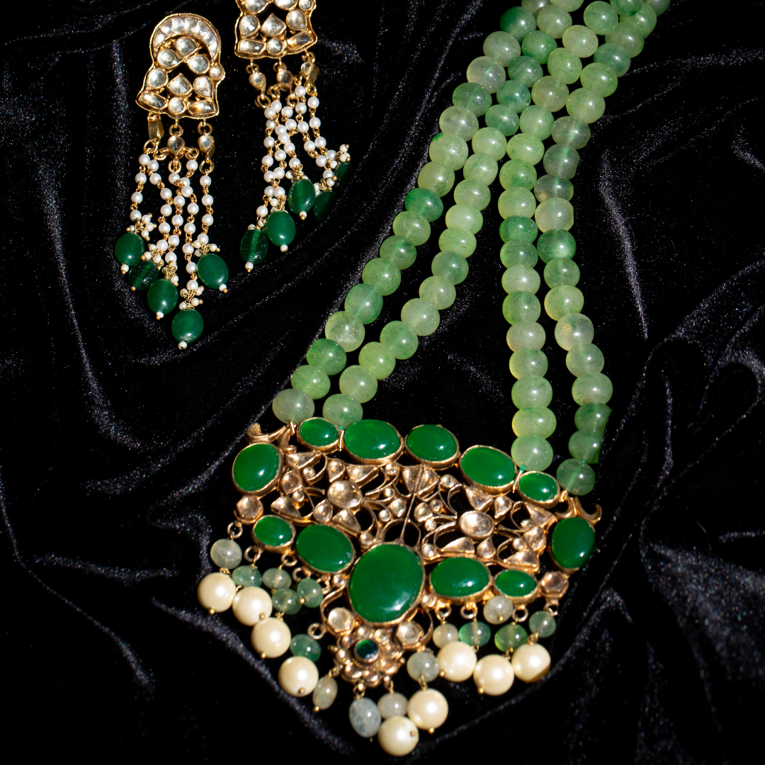Green beaded necklace set with kundan work and pearl drops