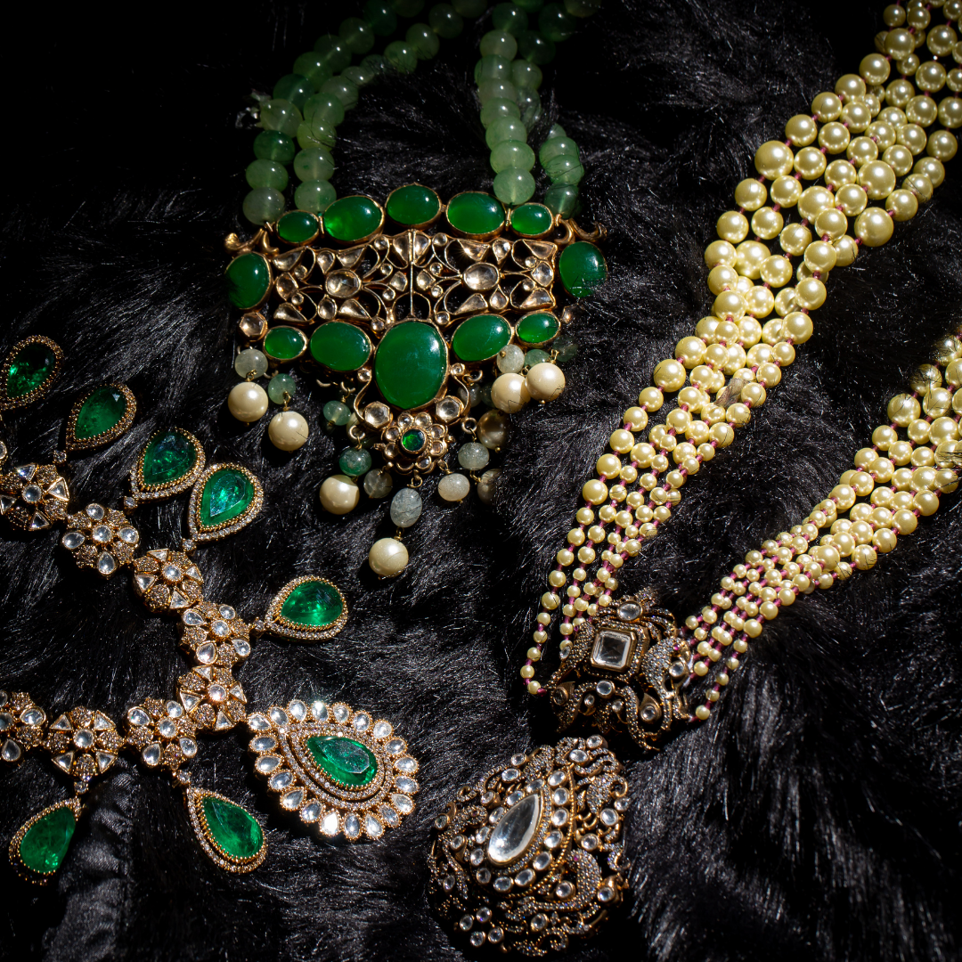 Green beaded necklace set with kundan work and pearl drops
