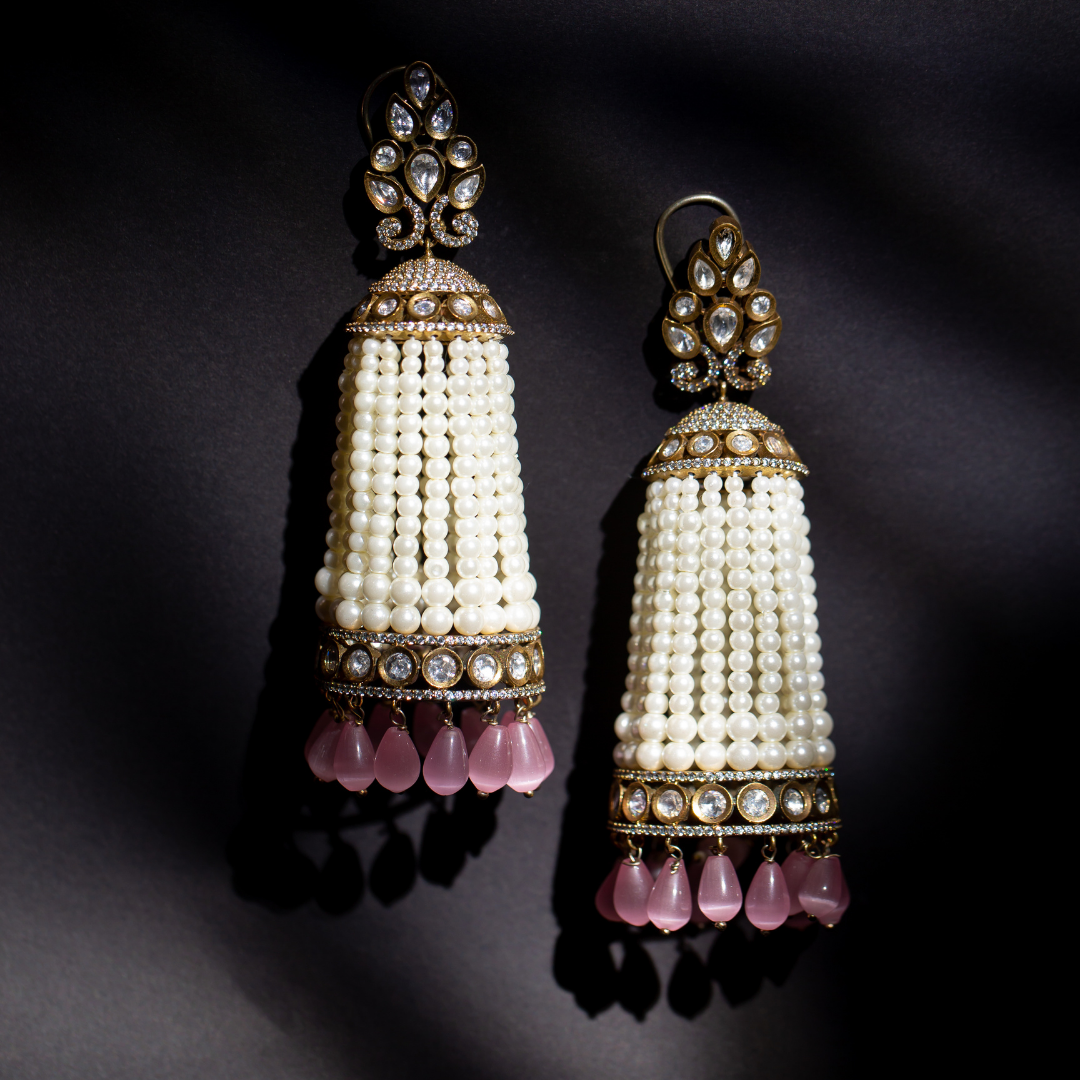 the gulabo earrings - kundan earrings with pearl strands and pink drops