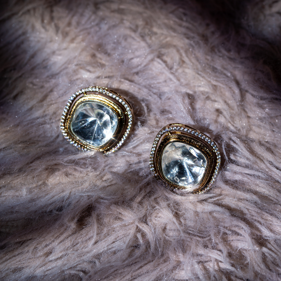 the ikta studs - glass polki stud earrings with gold trim and crystal halo