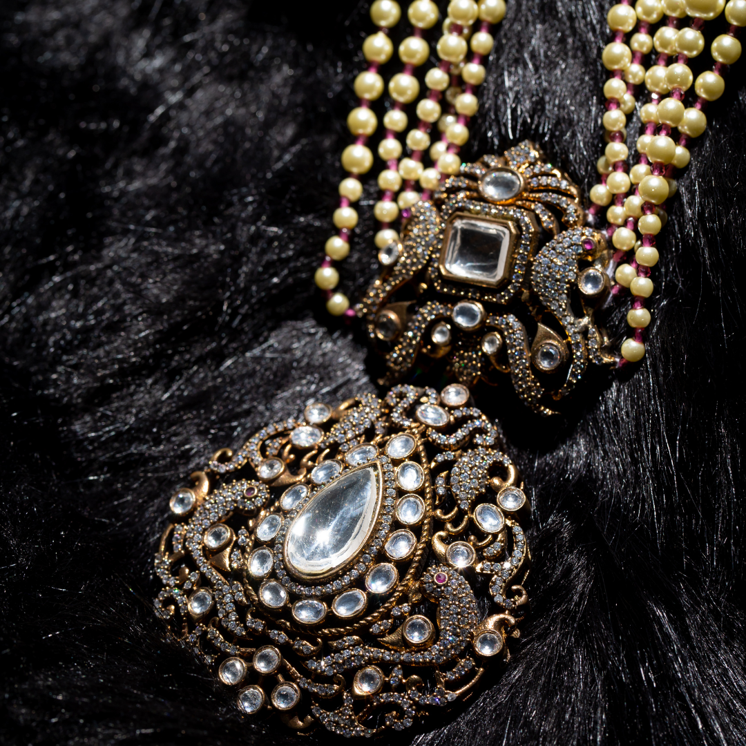The Rumi Maala set with matching earrings - pearl beaded necklace with vintage pendant and earring set