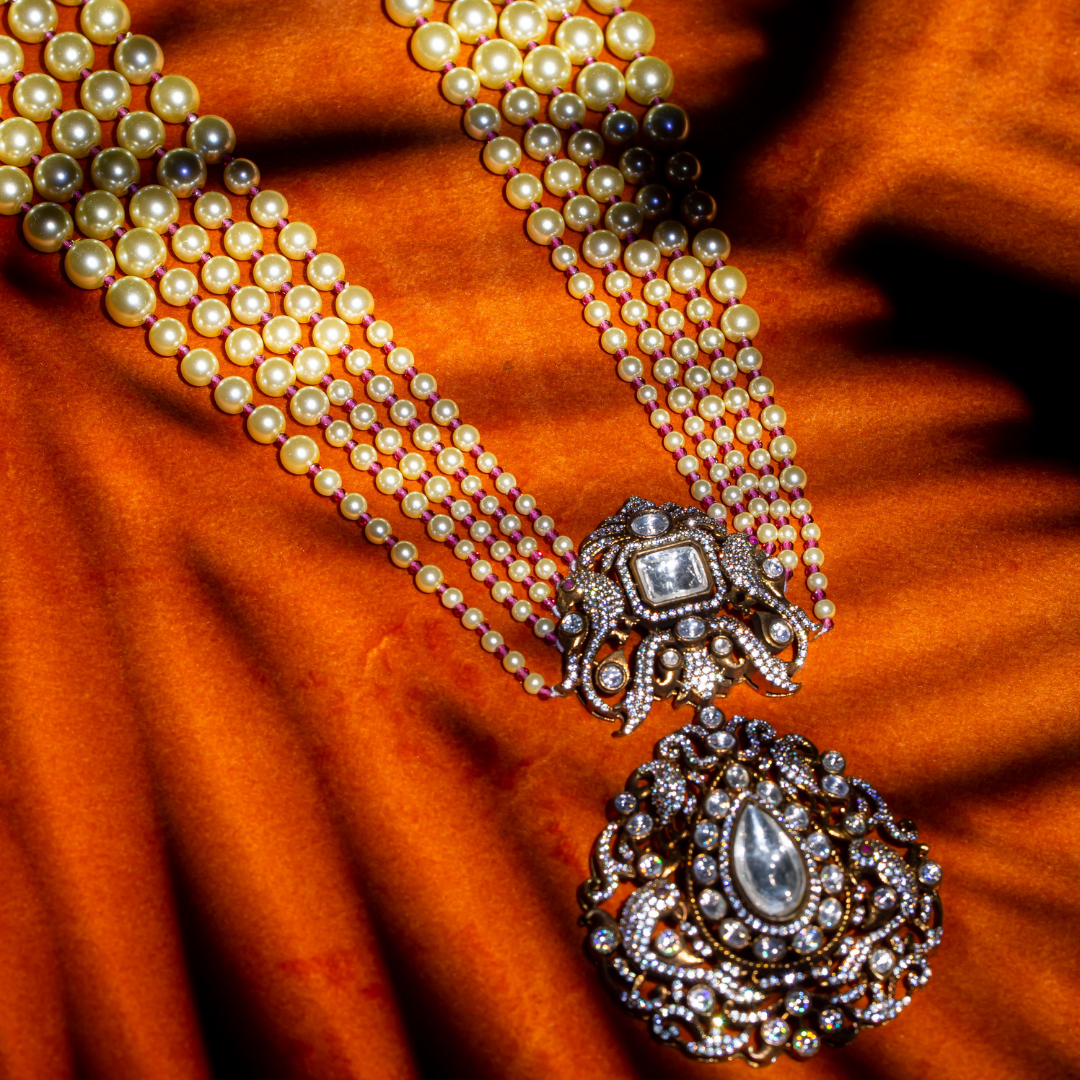 The Rumi Maala set with matching earrings - pearl beaded necklace with vintage pendant and earring set