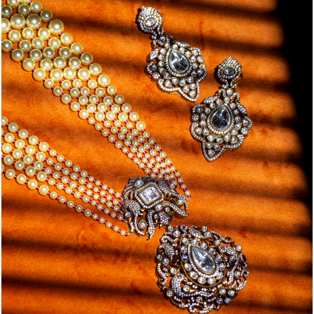 The Rumi Maala set with matching earrings - pearl beaded necklace with vintage pendant and earring set