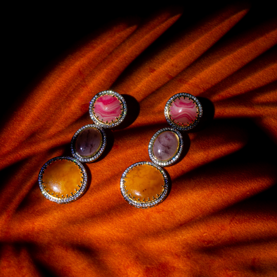 the seen earrings bezel-set red, lilac and orange stacked glass earrings