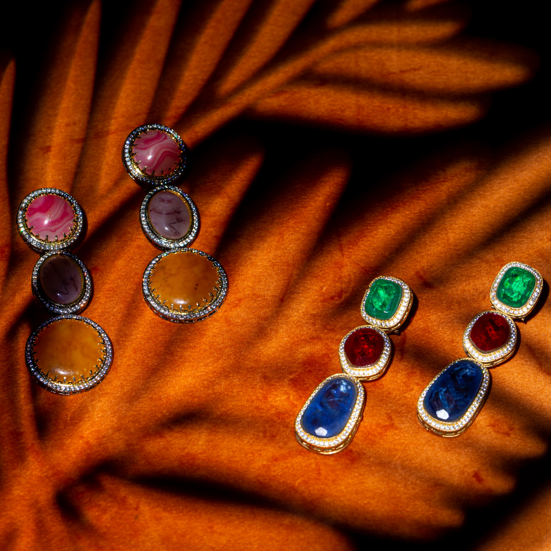 the seen earrings bezel-set red, lilac and orange stacked glass earrings