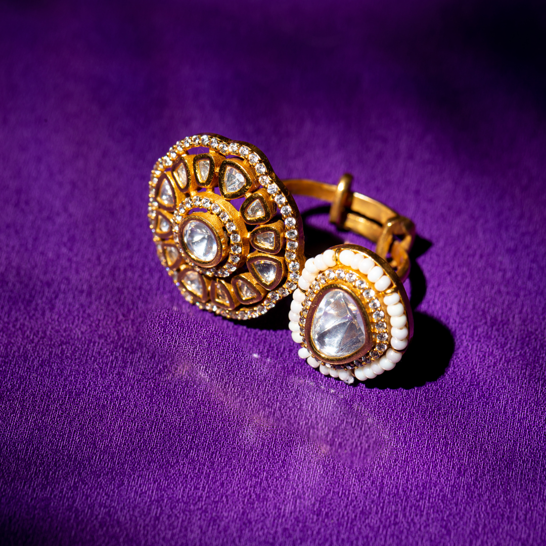 The Taal Ring - Dual design gold plated ring featuring glass polki and carved detailing.