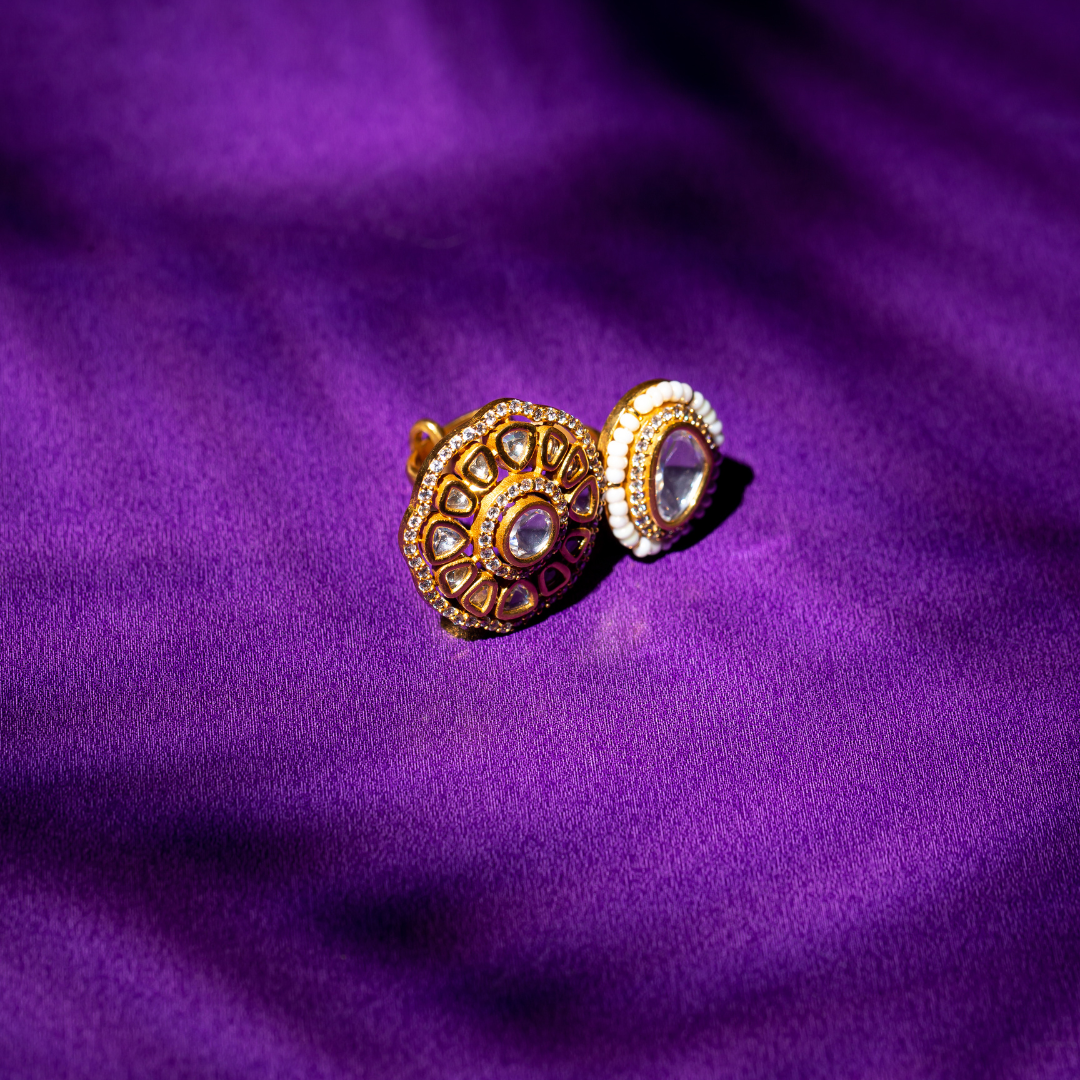 The Taal Ring - Dual design gold plated ring featuring glass polki and carved detailing.