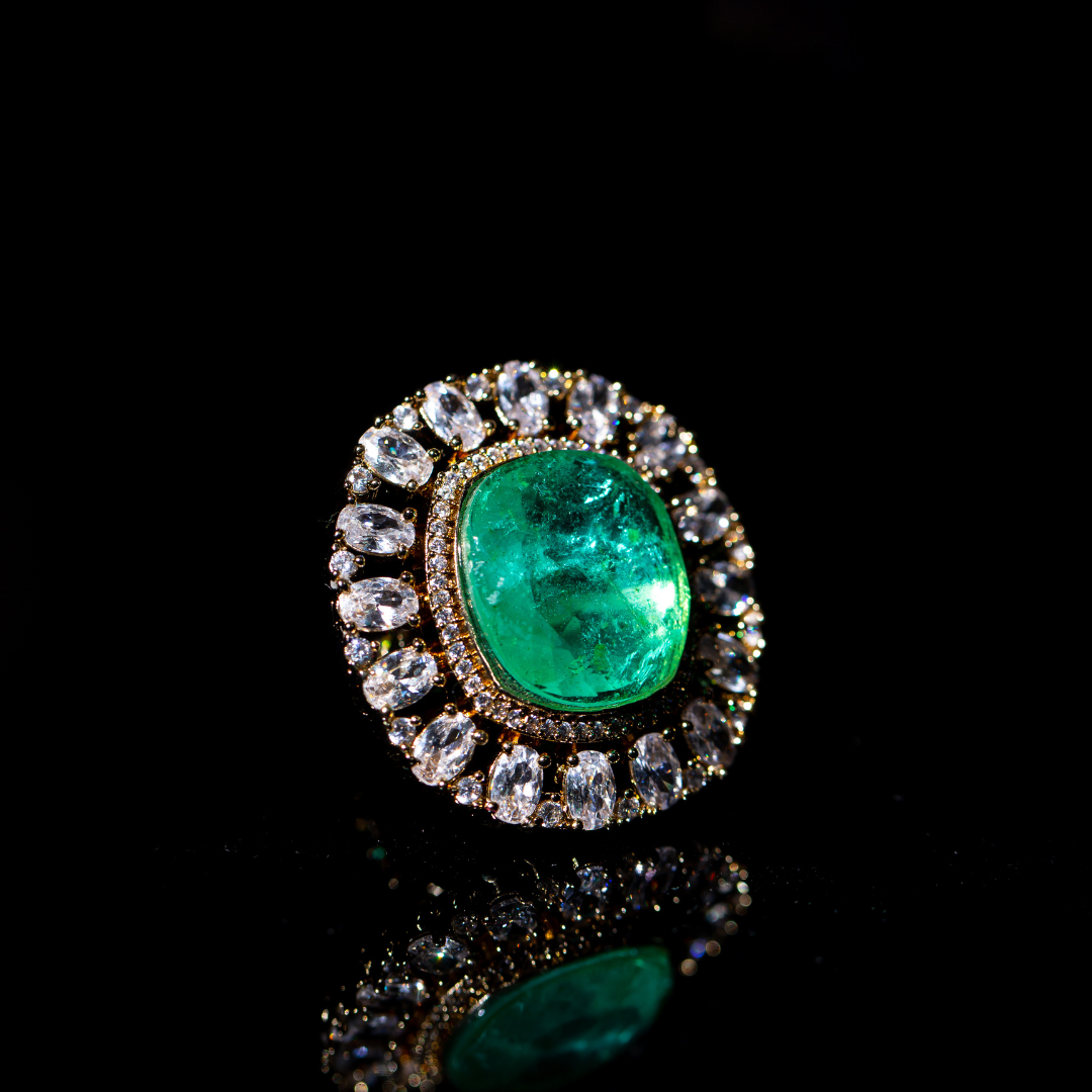the vera ring - Gold plated oval green stone ring with crystal border.