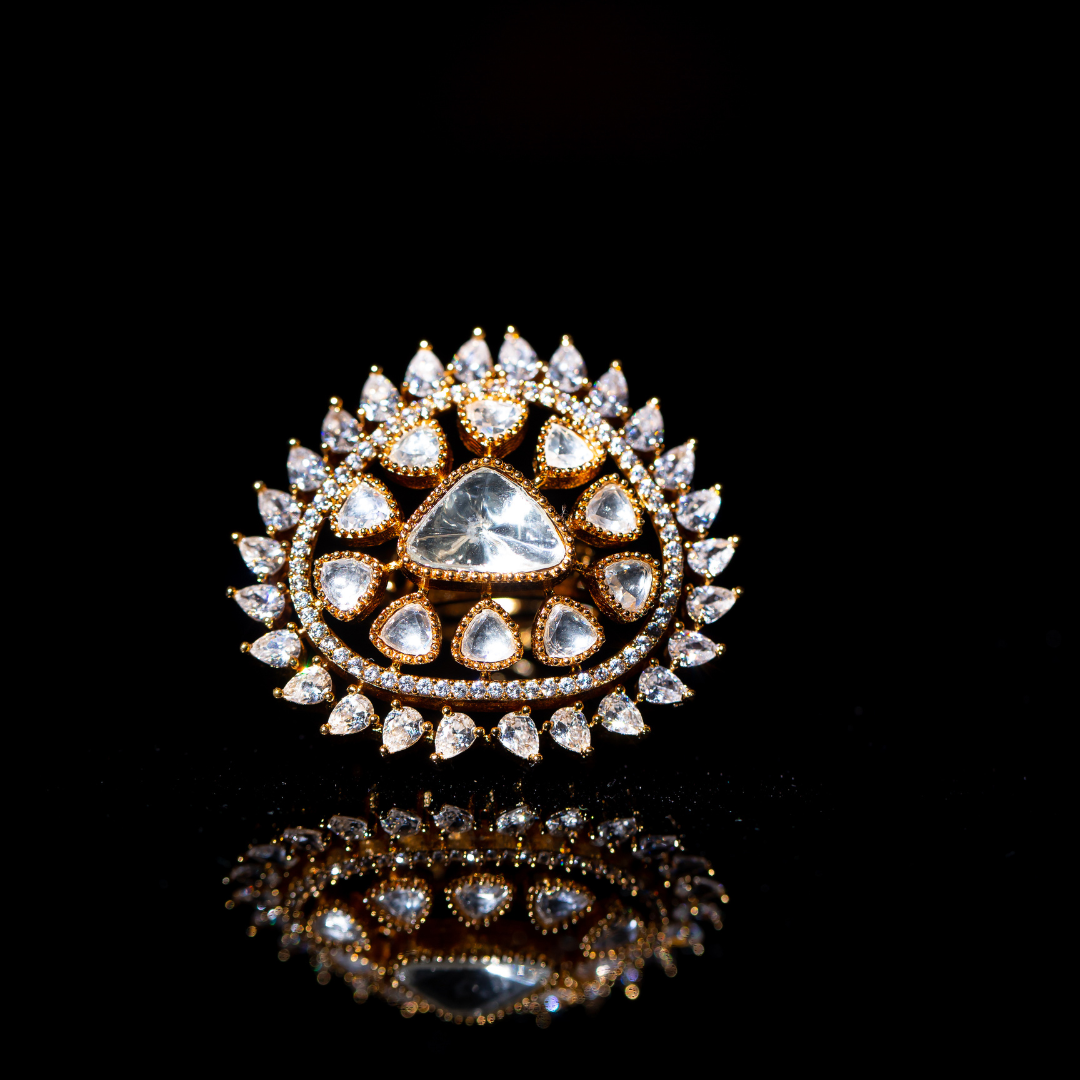The Zeen Ring in crescent shape with glass polki and crystal detailing.