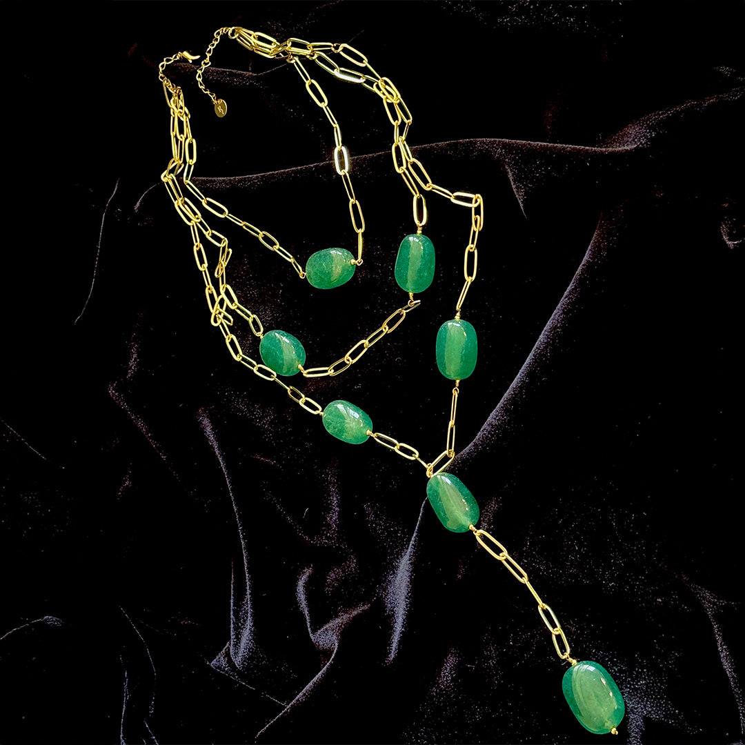 Trilogy Necklace with emerald-toned oval stones and gold-plated layered paperclip chains