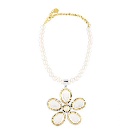 Gold & Silver Polki Flower Necklace