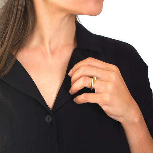 Contemporary gold plated brass ring with dual vertical bars, minimal 2D rotation design for everyday wear


