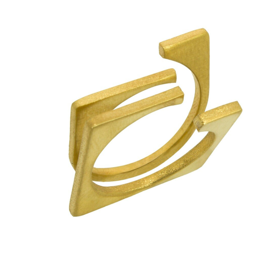Contemporary gold plated brass ring with dual vertical bars, minimal 2D rotation design for everyday wear

