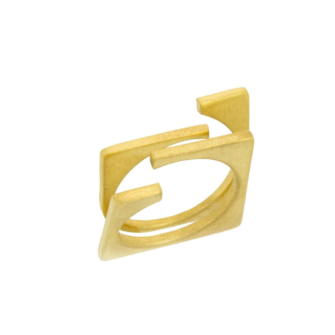 Contemporary gold plated brass ring with dual vertical bars, minimal 2D rotation design for everyday wear

