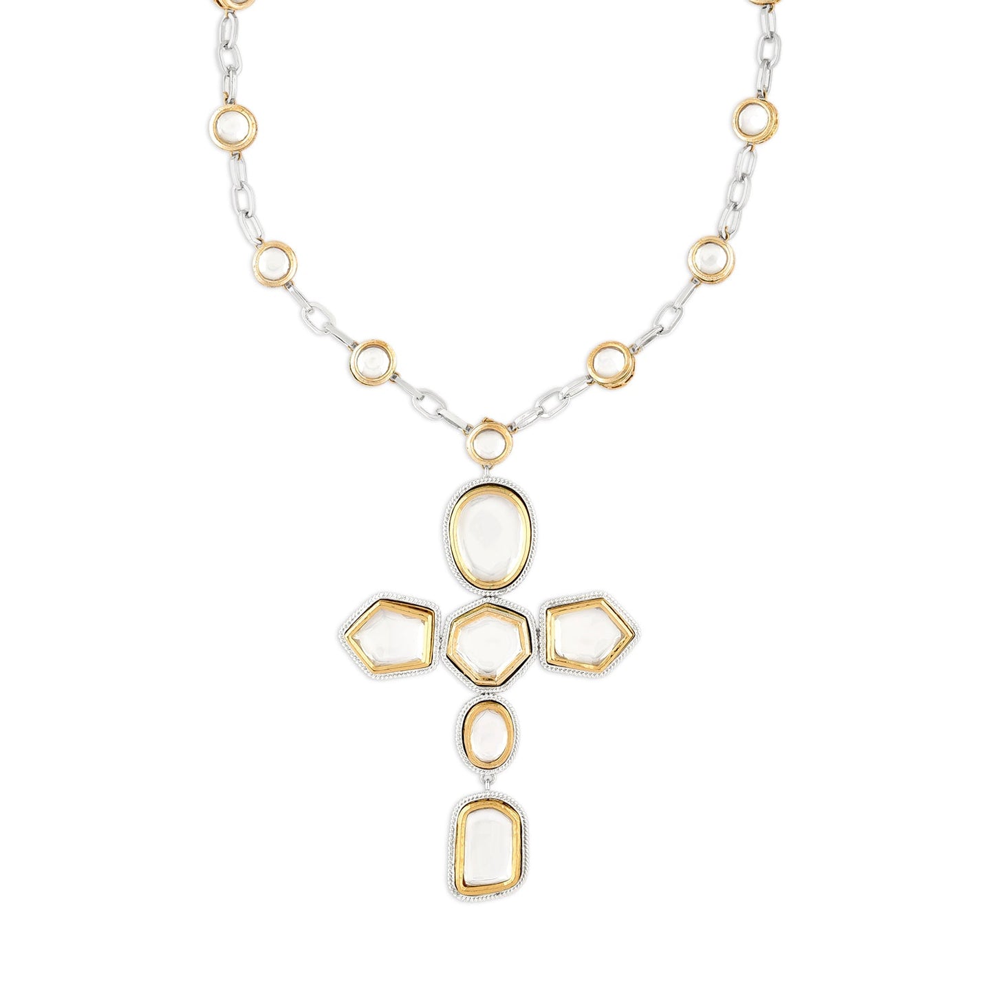 Gold & Silver Polki Cross Necklace