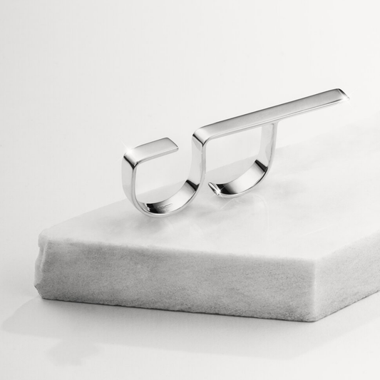 Line & Square Ring in handmade 925 sterling silver featuring geometric line and square elements across two fingers.
