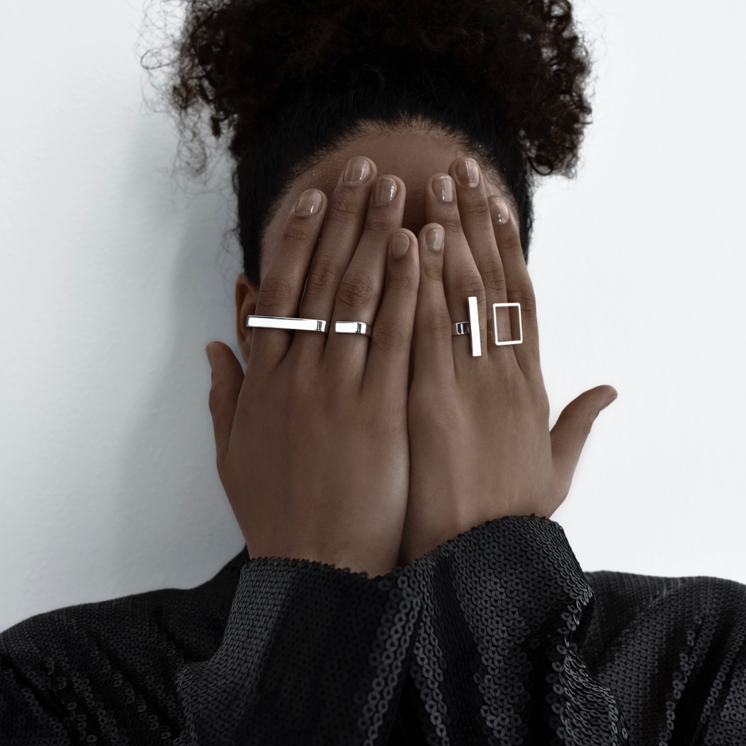 Line & Square Ring in handmade 925 sterling silver featuring geometric line and square elements across two fingers.

