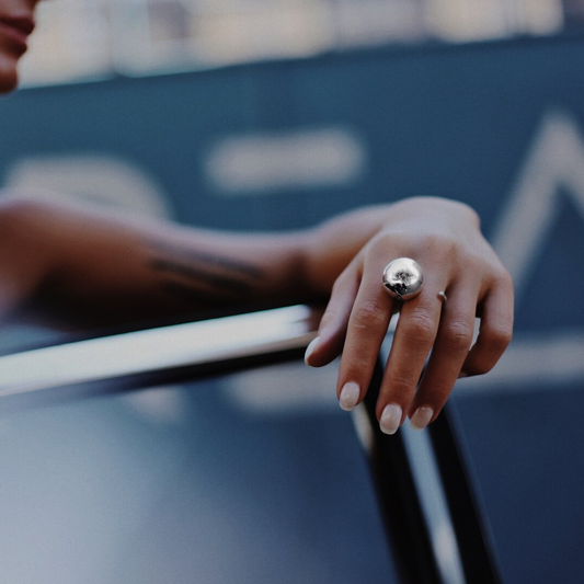 One Ball Ring in handmade 925 sterling silver featuring a bold, oversized sculptural orb.
