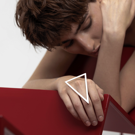 Triangle Ring in handmade 925 sterling silver with a sharp, sculptural triangular design.
