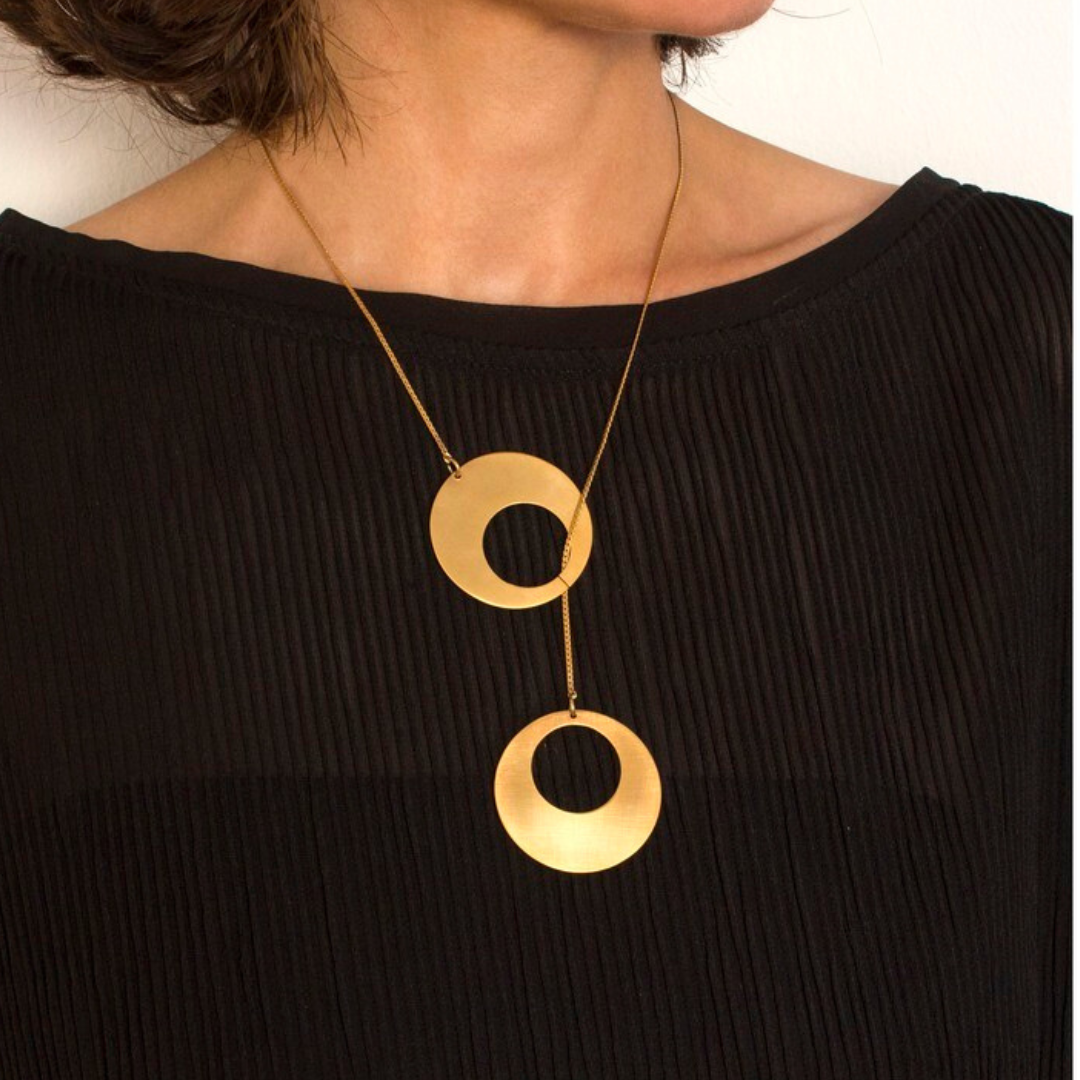 Gold plated brass large circular pendant necklace, modern geometric imitation jewelry for women

