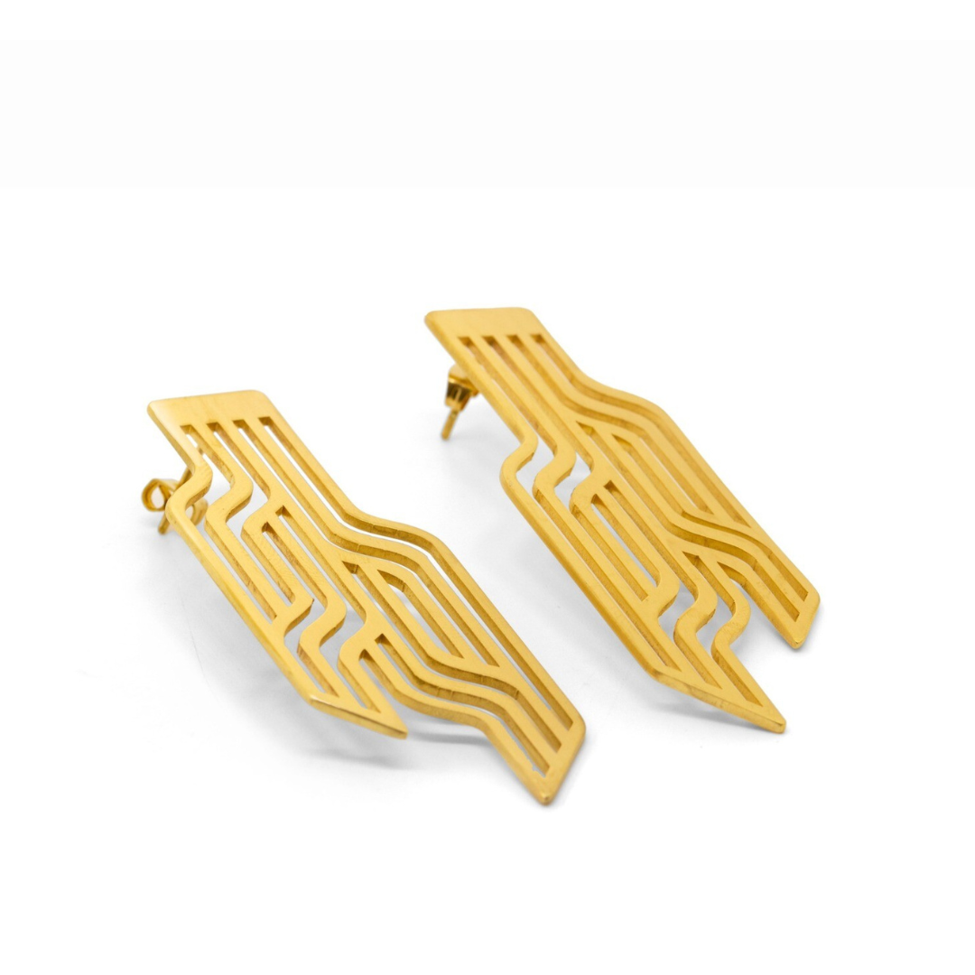 Dancing Pattern gold plated brass earring with geometric cutout, lightweight imitation jewelry designed for versatile styling

