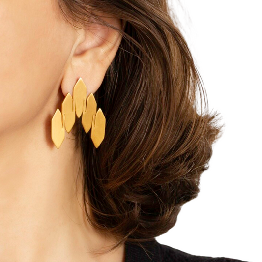 Gold plated modular statement earrings with sculptural leaf-like elements from transformable jewelry collection.