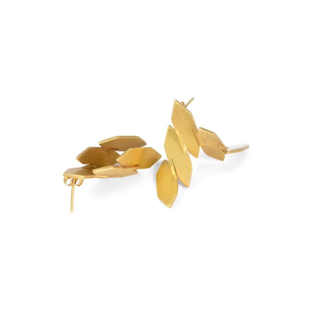 Gold plated modular statement earrings with sculptural leaf-like elements from transformable jewelry collection.