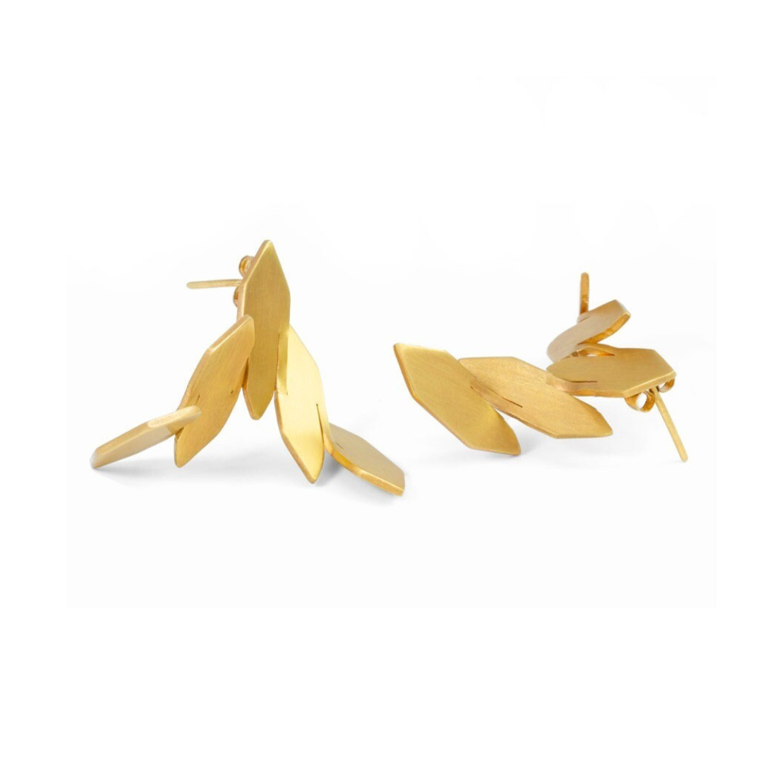 Gold plated modular statement earrings with sculptural leaf-like elements from transformable jewelry collection.