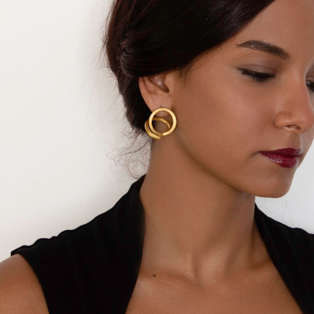 Gold plated brass double hoop earrings, bold statement imitation jewelry with sculptural design


