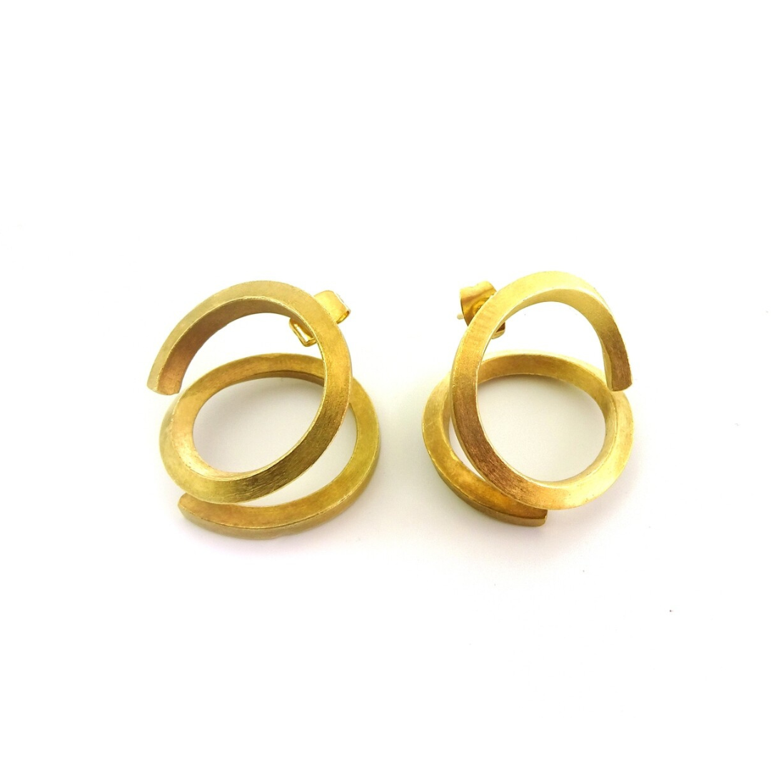 Gold plated brass double hoop earrings, bold statement imitation jewelry with sculptural design

