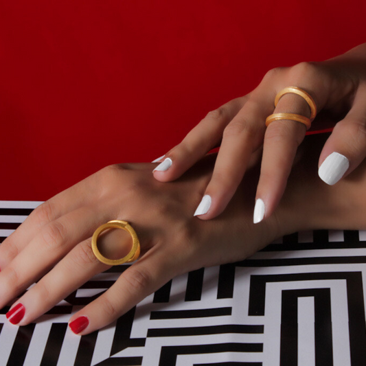 Gold plated brass ring with bold circular hoop design, modern handcrafted statement ring

