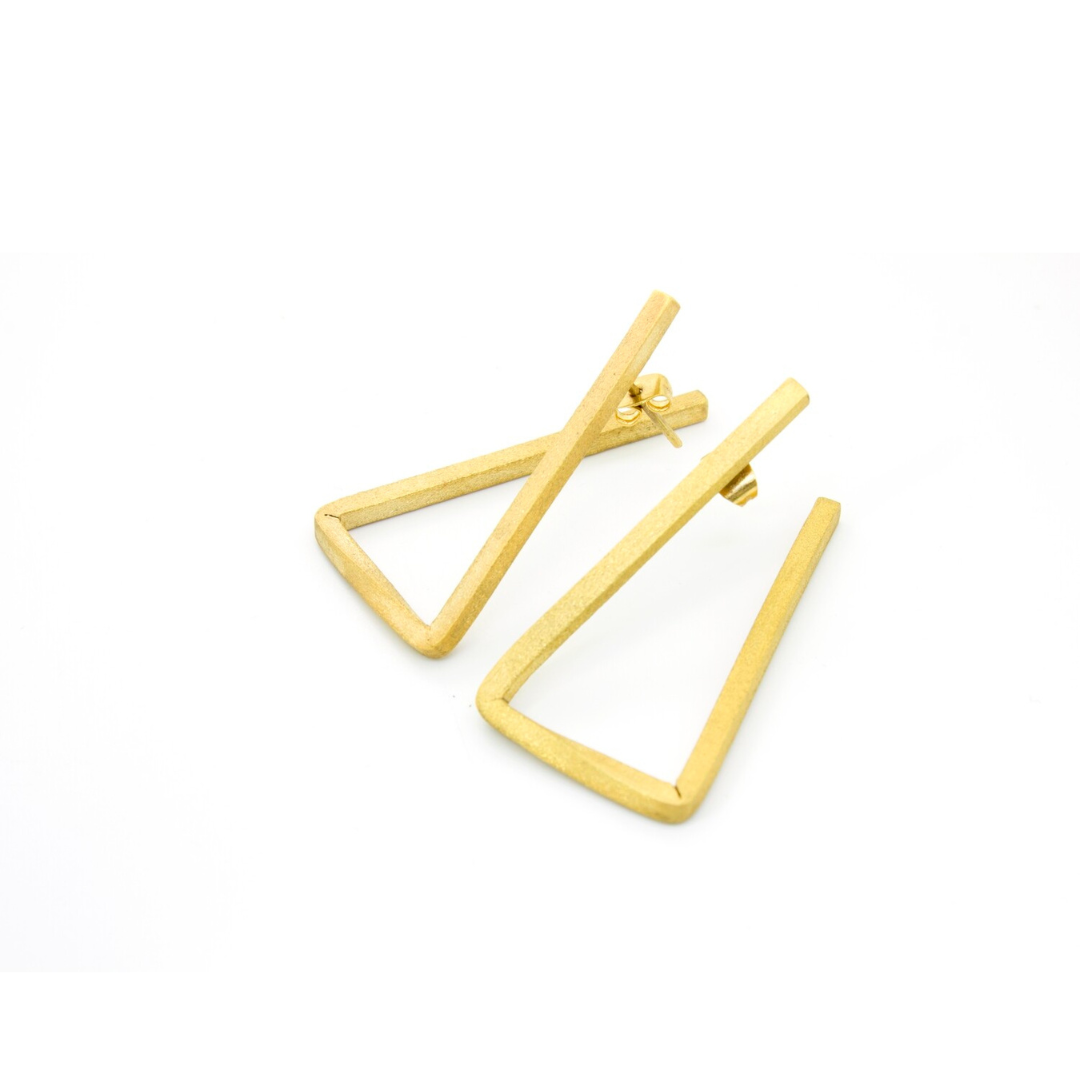 Gold plated brass triangle earrings with open geometric design, modern imitation jewelry from flexible form collection

