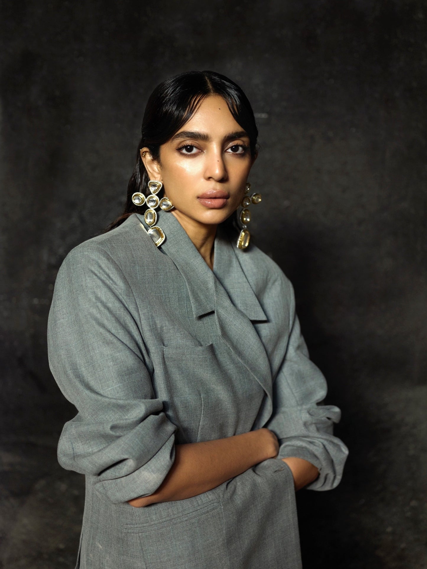 Gold & Silver Polki Cross Earrings