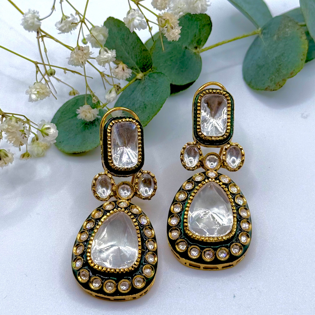 Glass polki Jaani Earrings in gold plated brass with green enamel and crystal detail — modern and timeless.
